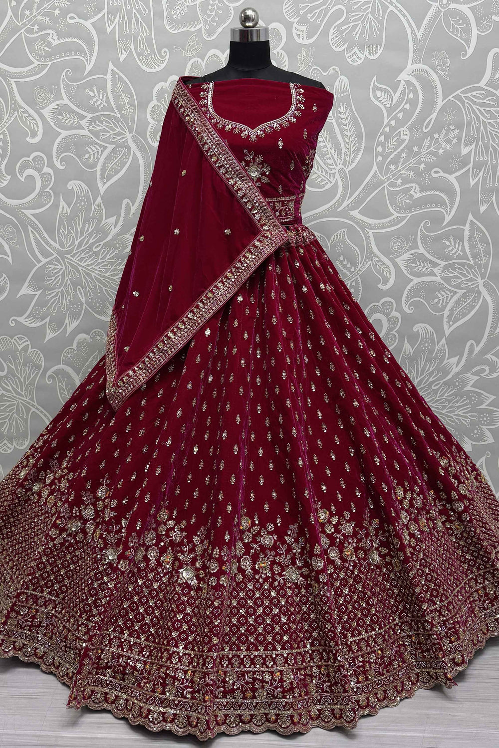 Alluring Red Velvet Bridal Lehenga Choli With Double Dupatta