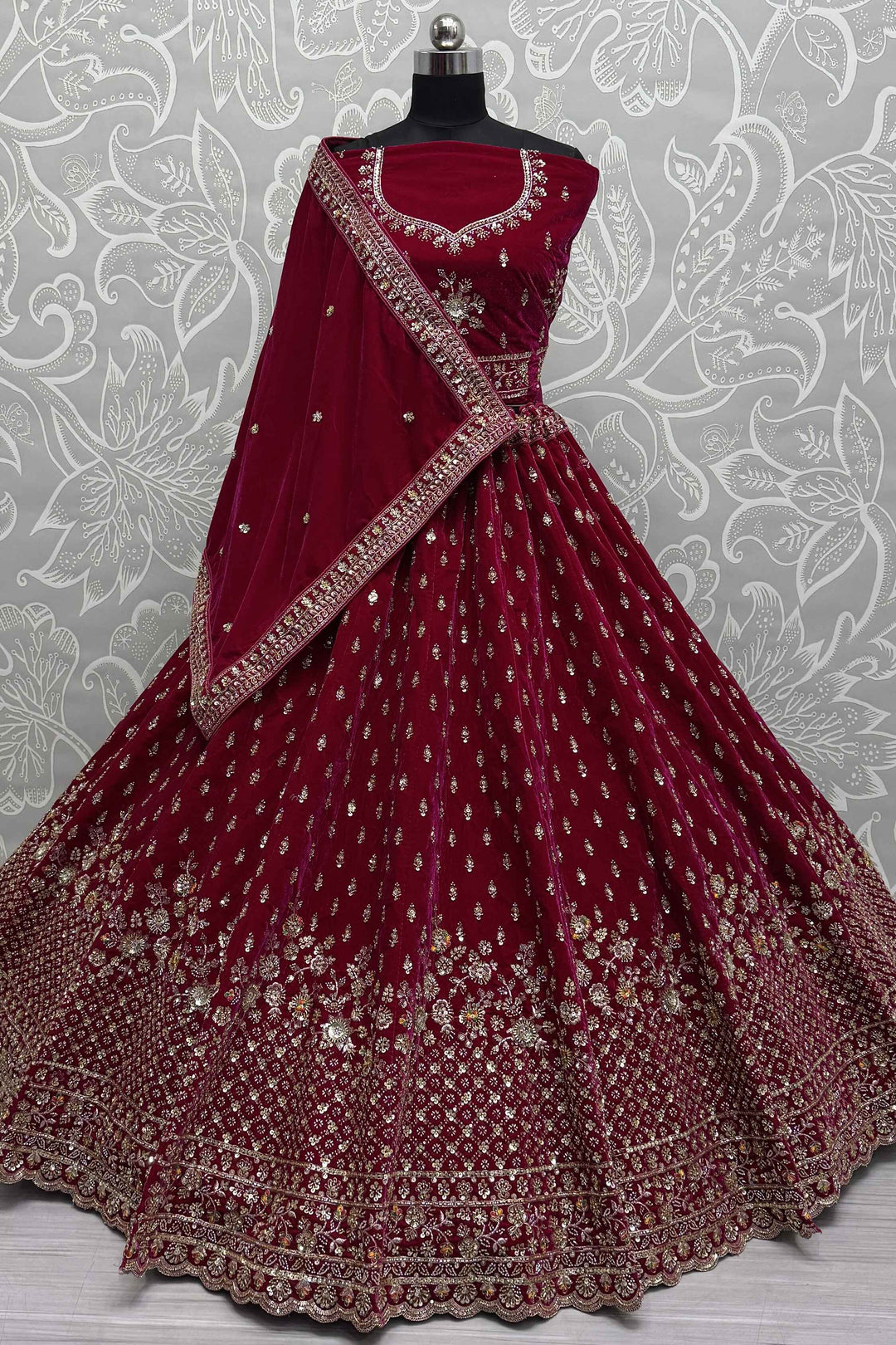 Alluring Red Velvet Bridal Lehenga Choli With Double Dupatta