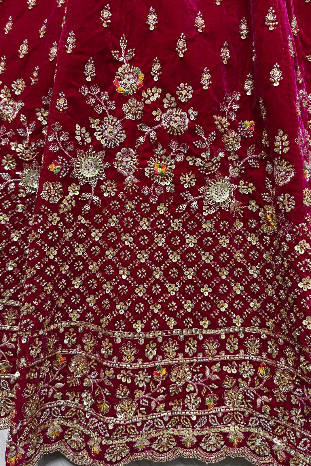 Alluring Red Velvet Bridal Lehenga Choli With Double Dupatta