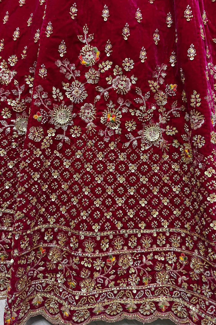 Alluring Red Velvet Bridal Lehenga Choli With Double Dupatta