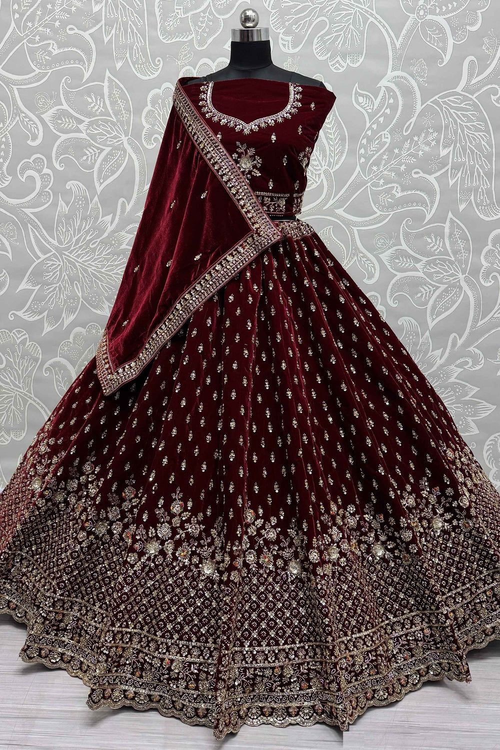Glamorous Maroon Velvet Bridal Lehenga Choli With Double Dupatta