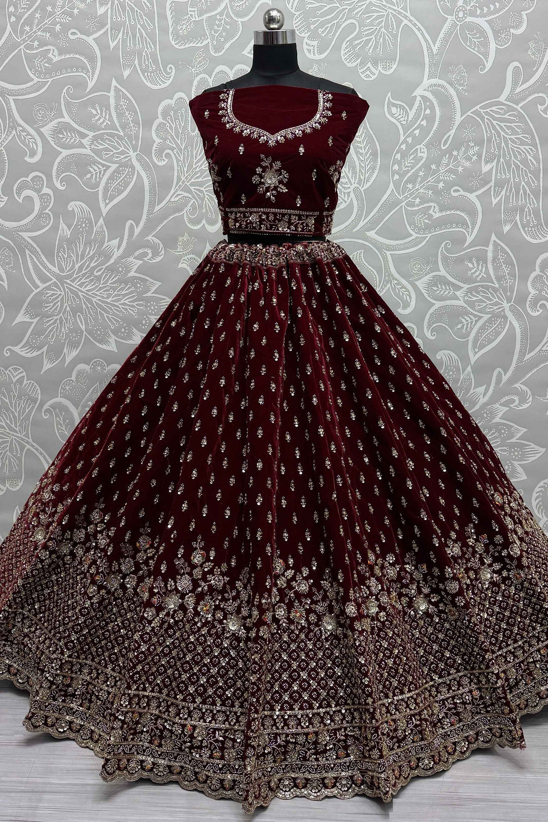 Glamorous Maroon Velvet Bridal Lehenga Choli With Double Dupatta