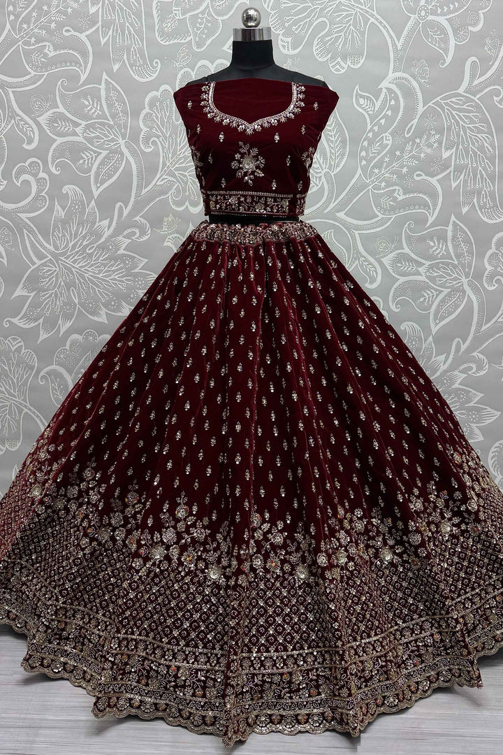 Glamorous Maroon Velvet Bridal Lehenga Choli With Double Dupatta