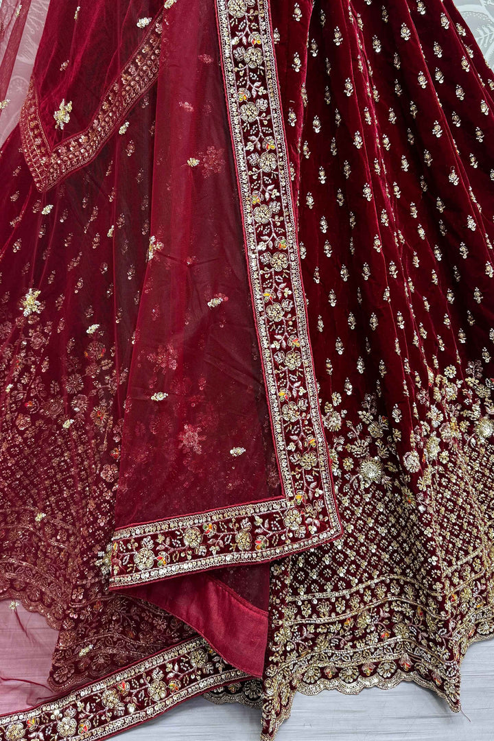 Glamorous Maroon Velvet Bridal | Lehenga Choli With Double Dupatta Collection