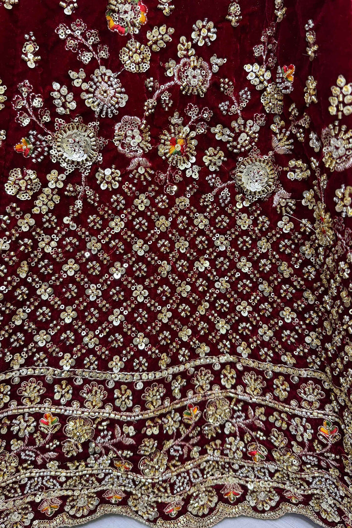 Glamorous Maroon Velvet Bridal Lehenga Choli With Double Dupatta