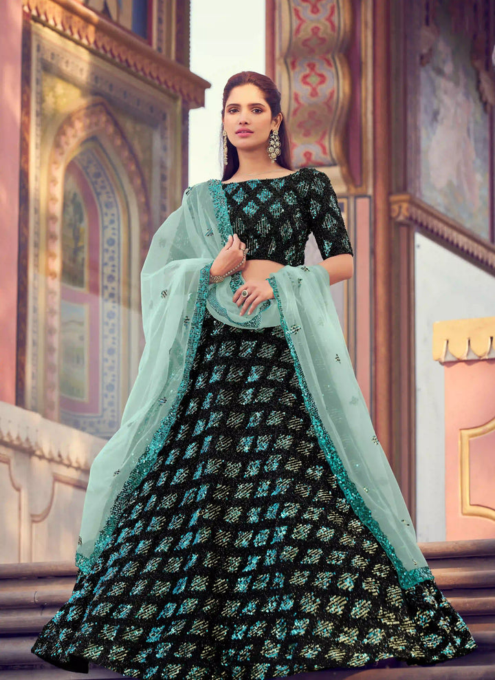 Black & Sea Green Designer Lehenga Choli | Fur Imported Fabric Sequins Work