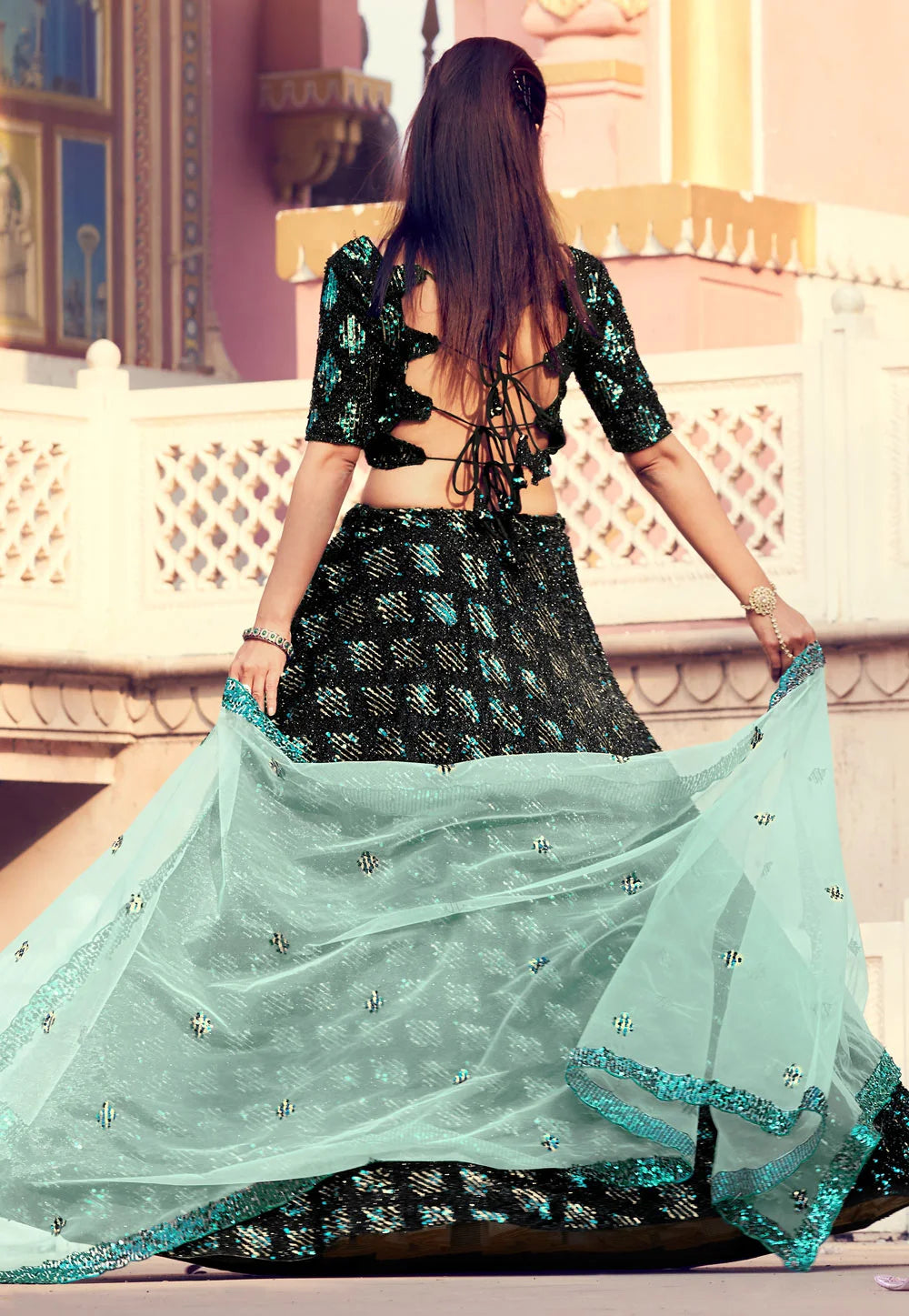Black & Sea Green Designer Lehenga Choli | Fur Imported Fabric Sequins Work