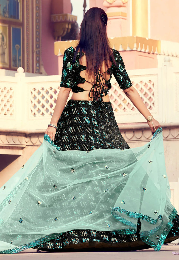 Black & Sea Green Designer Lehenga Choli | Fur Imported Fabric Sequins Work