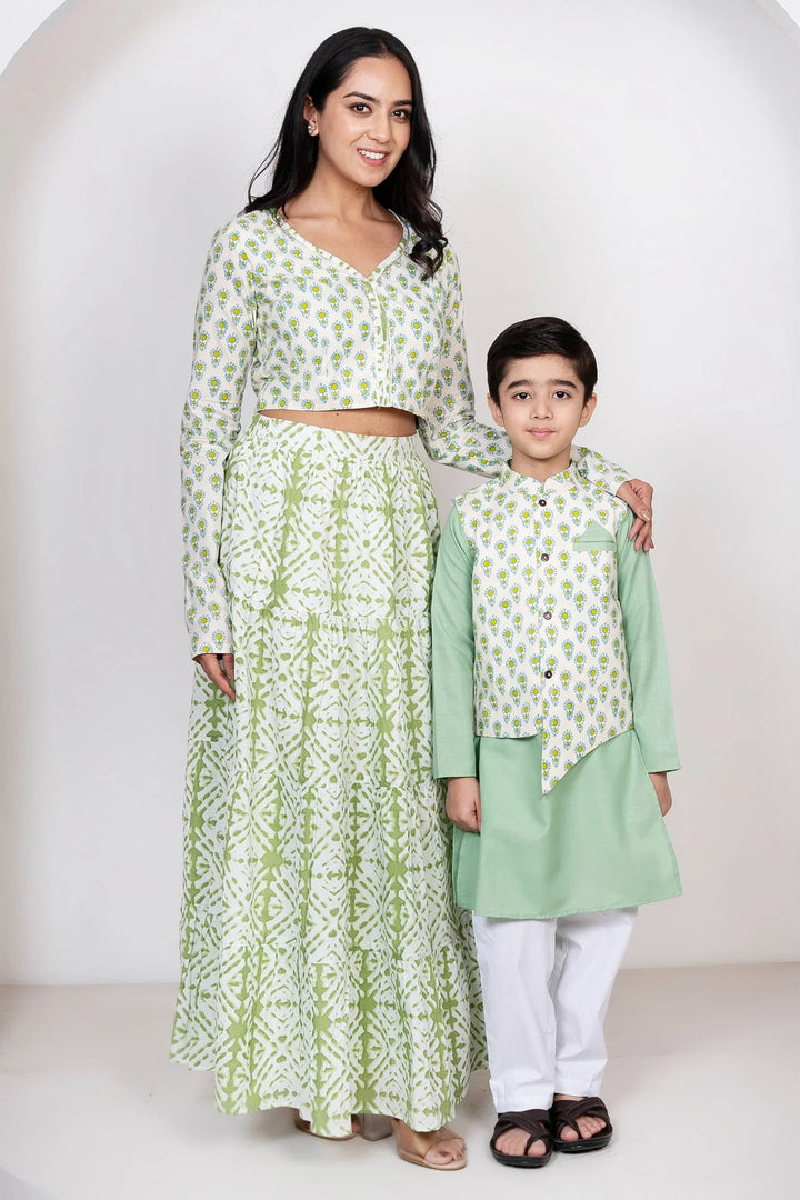Sea Green Cotton Lehenga Choli with Matching Kurta Pyjama and Jacket Set - Family Twin Set