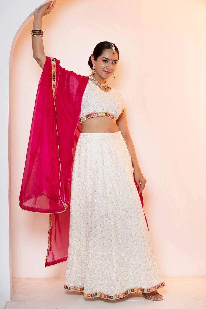 Sparkling White Emroidered Lehenga Choli with Pink Dupatta