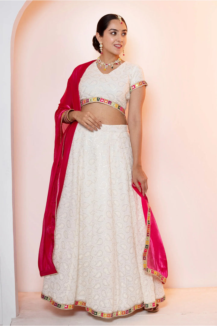 Sparkling White Emroidered Lehenga Choli with Pink Dupatta