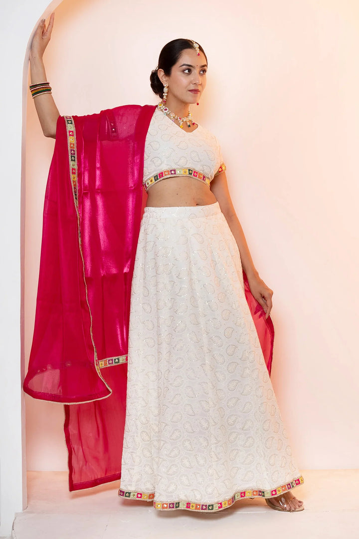 Sparkling White Emroidered Lehenga Choli with Pink Dupatta