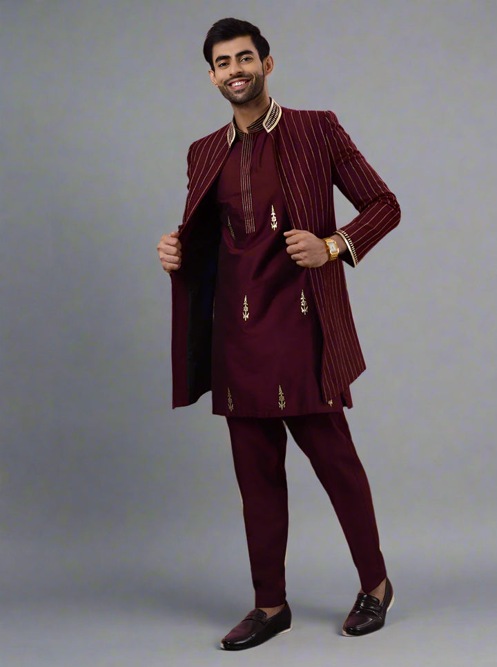 Dress elegantly for events with this Wine Indowestern, showcasing luxurious Silk Blend and detailed kasab work, perfect for the stylish individual in the USA.