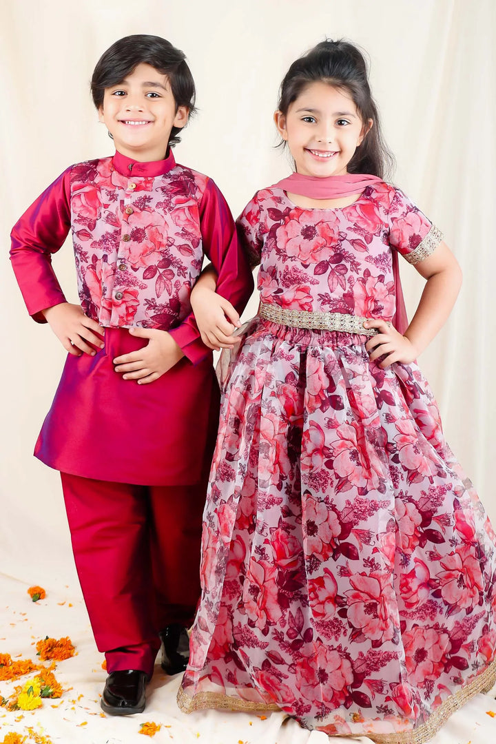 Maroon Floral Organza Matching Lehenga Choli and Kurta Pajama for Brother and Sister