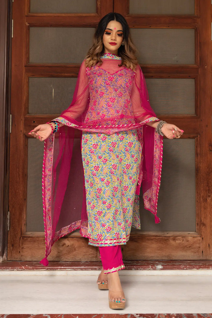 Jaipuri Straight Cotton Salwar Suit Set | Hand Block Print & Net Dupatta