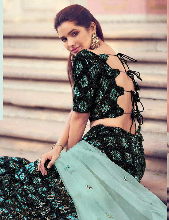 Black & Sea Green Designer Lehenga Choli | Fur Imported Fabric Sequins Work