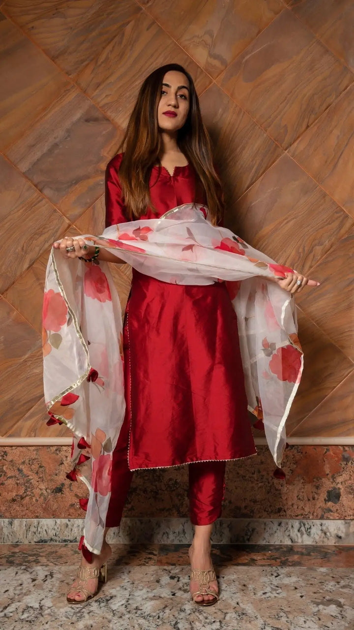 Maroon phool taffeta silk suit | with digital print organza dupatta set signature design