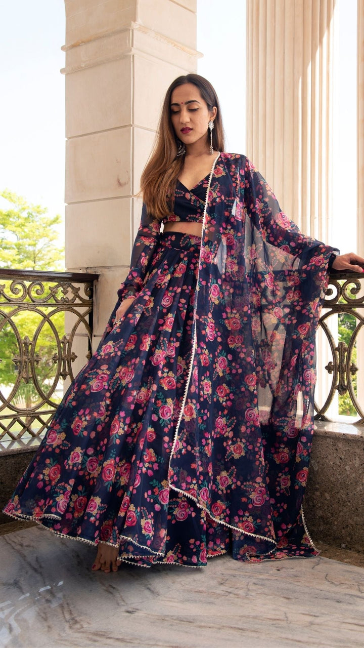 MAJARI BLUE ORGANZA LEHENGA SET - Pomcha Jaipur
