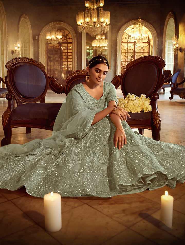 Pista Green Soft Net Lehenga with Dori and Zarkan Work | Elegant Wear