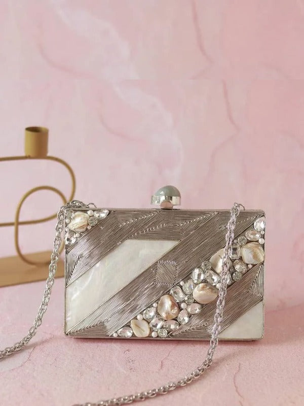Aisha Embellished Mother of Pearl Clutch | Luxurious Handcrafted Bag