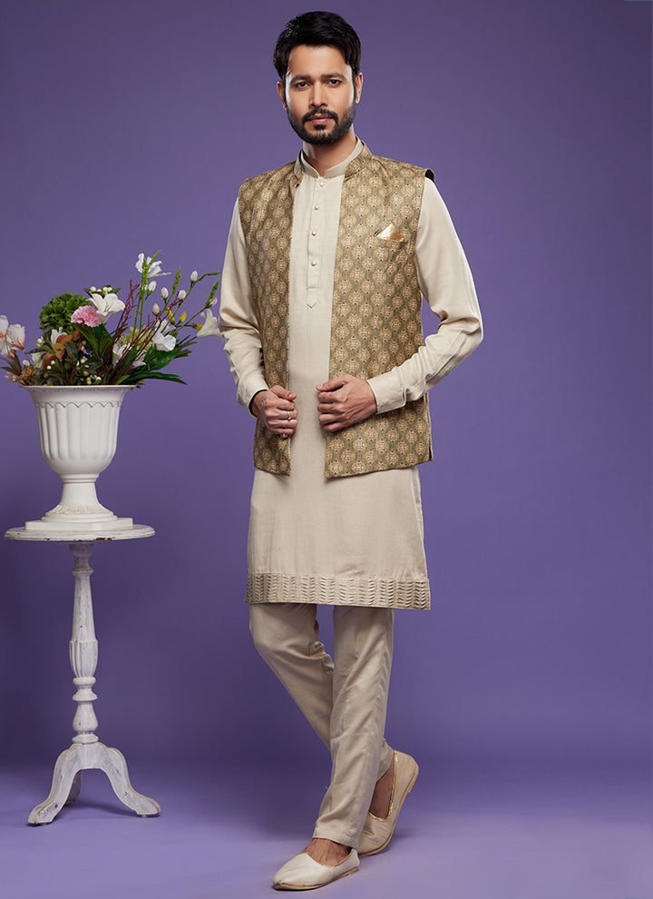 Luxurious art banarasi silk Premium Kurta Pajama with Koti | for wedding Wear