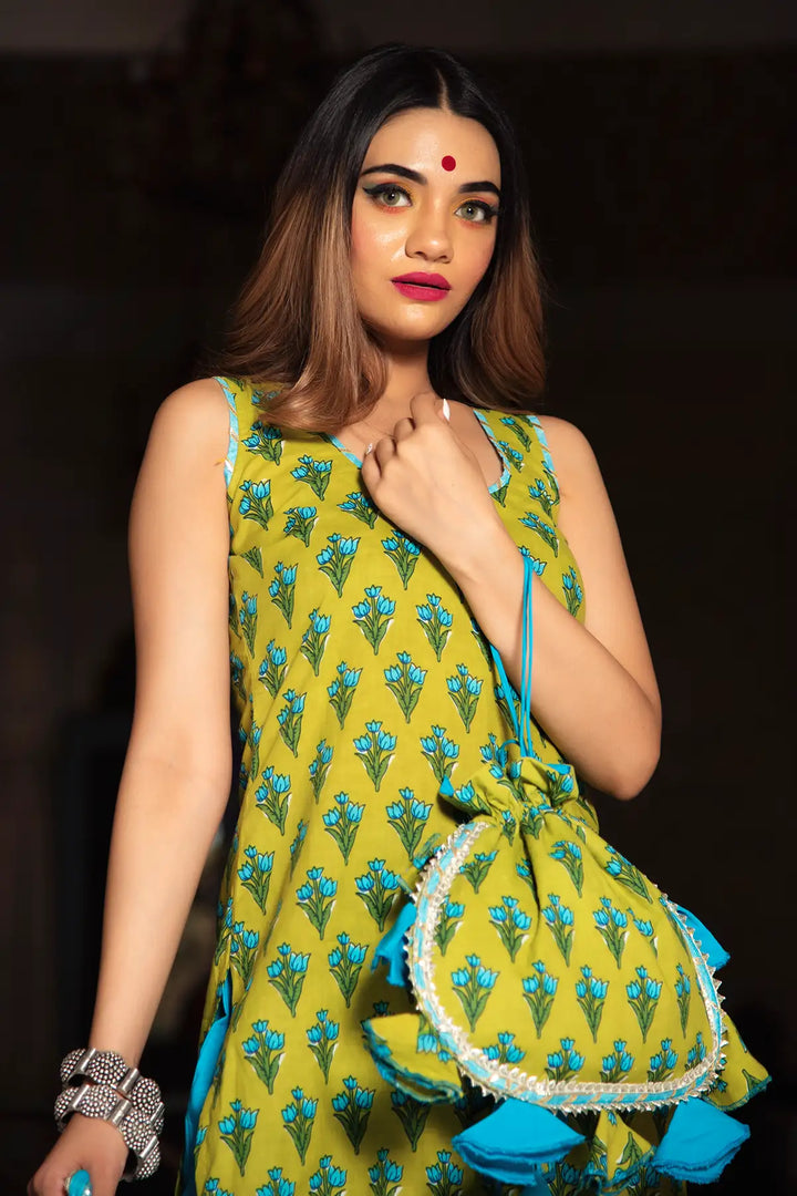 Gulzar Lime & Sky Blue Hand Block Cotton Kurta Suit Set | Organza Dupatta