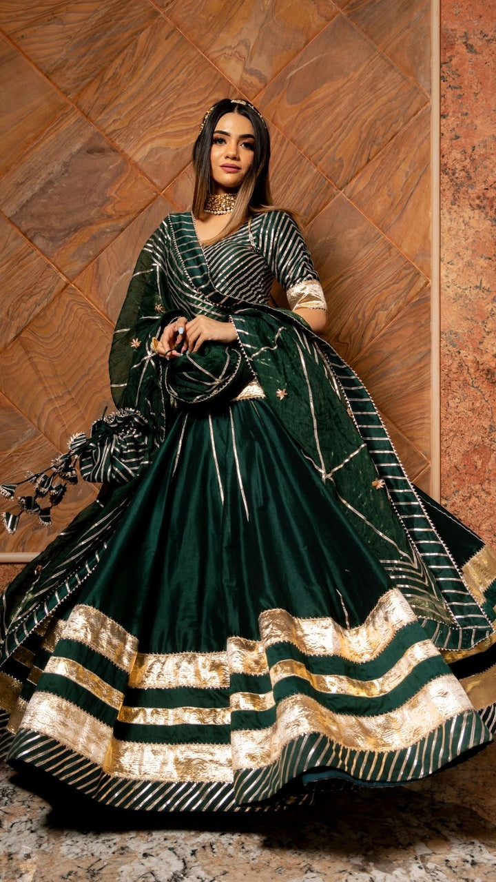 BAISA DARK GREEN COTTON SILK LEHENGA SET - Pomcha Jaipur