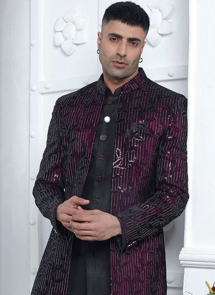 Wine Art Silk Sherwani | Perfect Wedding & Festive Wear for Men