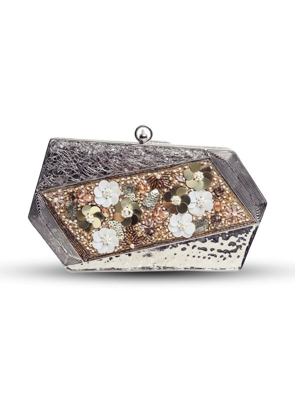 Fatima Silver Brass Clutch | Embellished Vintage Charm Evening Bag