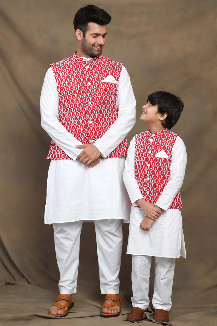 Embroidered Father and Son Matching Outfit in Fuchsia and White threadwork