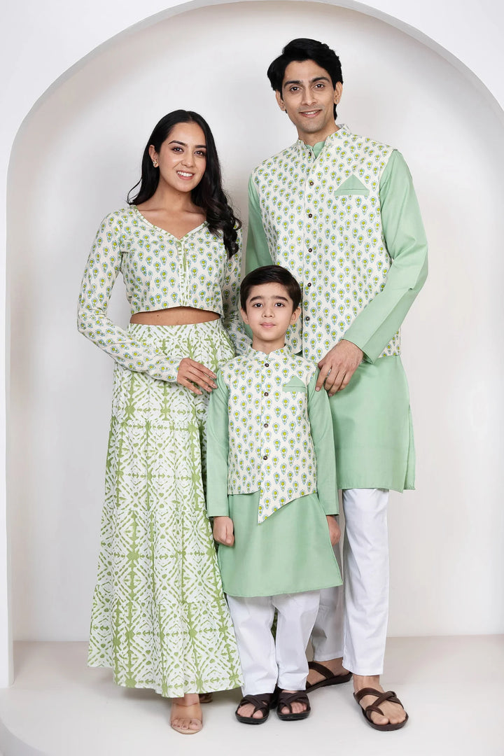 Sea Green Cotton Lehenga Choli with Matching Kurta Pyjama and Jacket Set - Family Twin Set