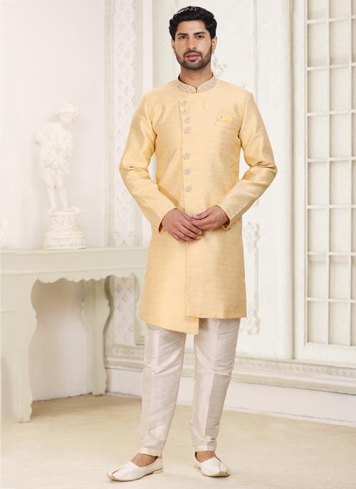 Yellow Banarasi Jacquard Sherwani | Regal Wedding Indo Western