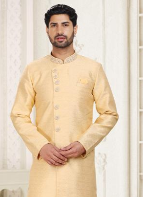 Yellow Banarasi Jacquard Sherwani | Regal Wedding Indo Western