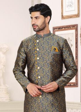 Dusty Gray Banarasi Indo Western | Royal Attire for Weddings & Receptions