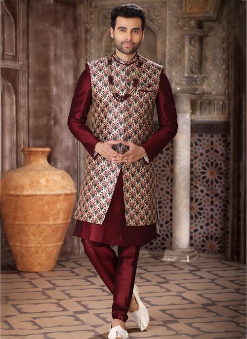 Wine Elegant Art Silk Indo Western | Timeless Ethnic Wear for Men