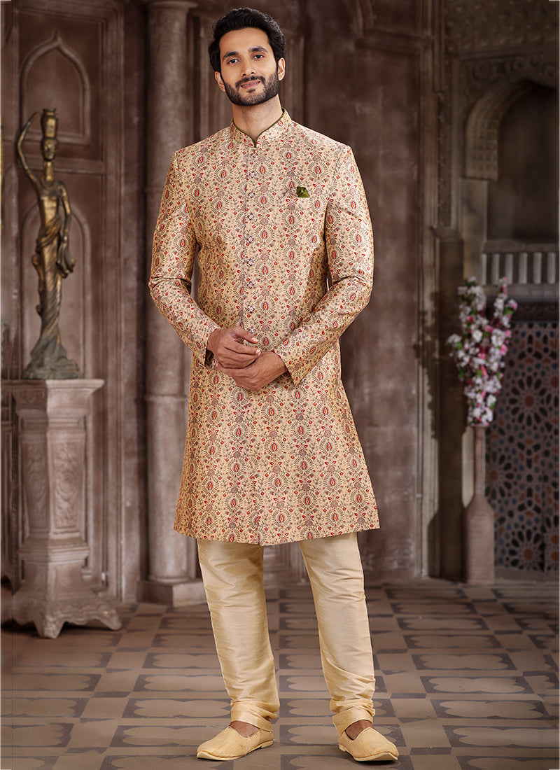 Beige Art Silk Sherwani | Traditional Wear with Elegant Printed Design