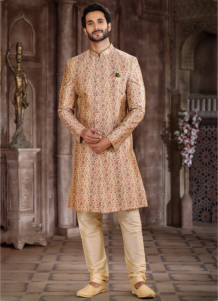 Beige Art Silk Sherwani | Traditional Wear with Elegant Printed Design