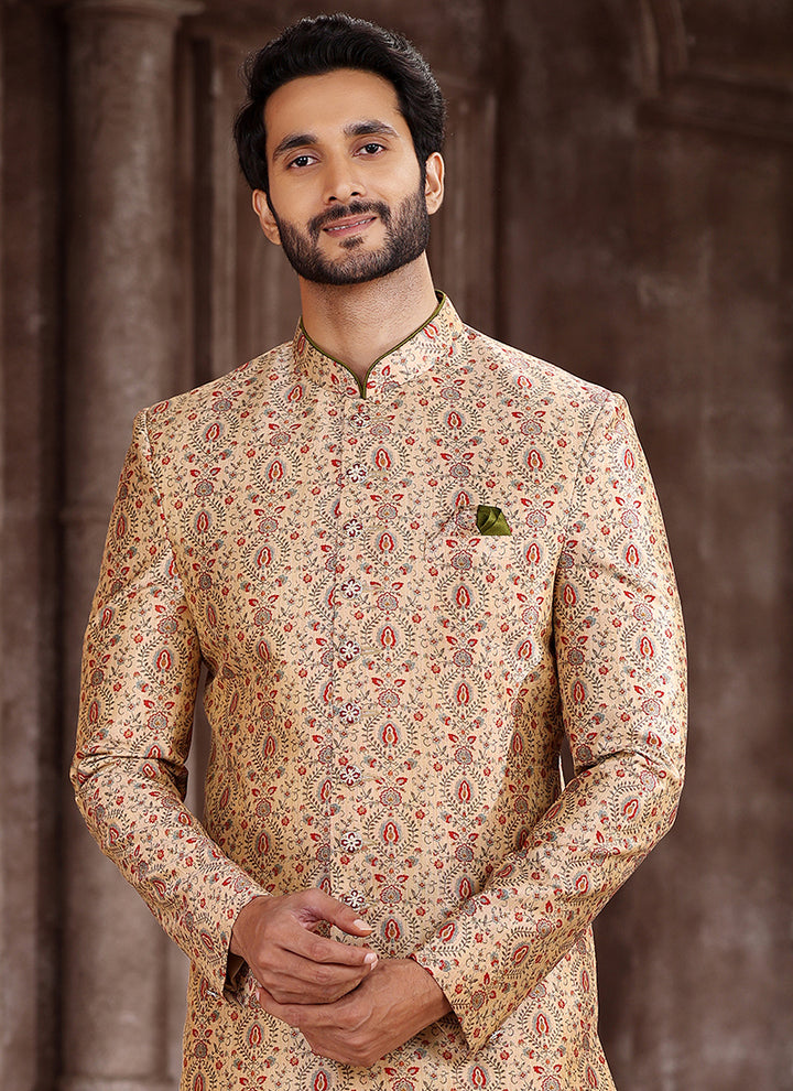 Beige Art Silk Sherwani | Traditional Wear with Elegant Printed Design