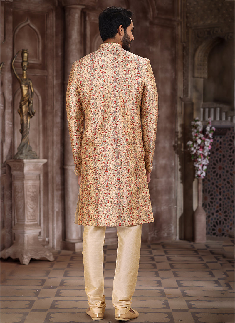 Beige Art Silk Sherwani | Traditional Wear with Elegant Printed Design