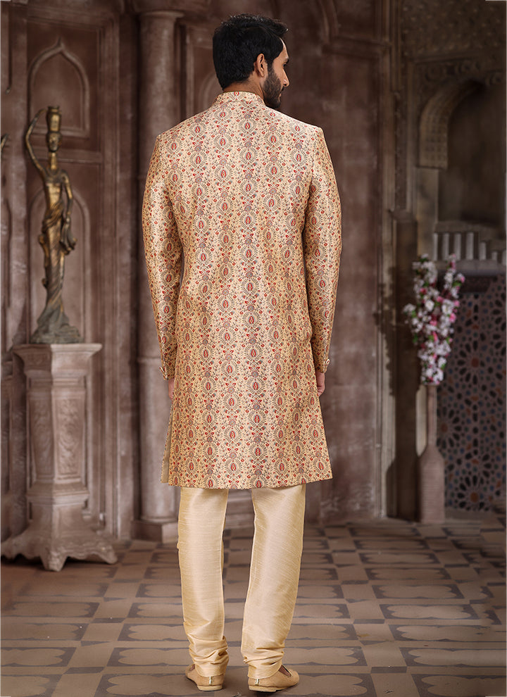 Beige Art Silk Sherwani | Traditional Wear with Elegant Printed Design