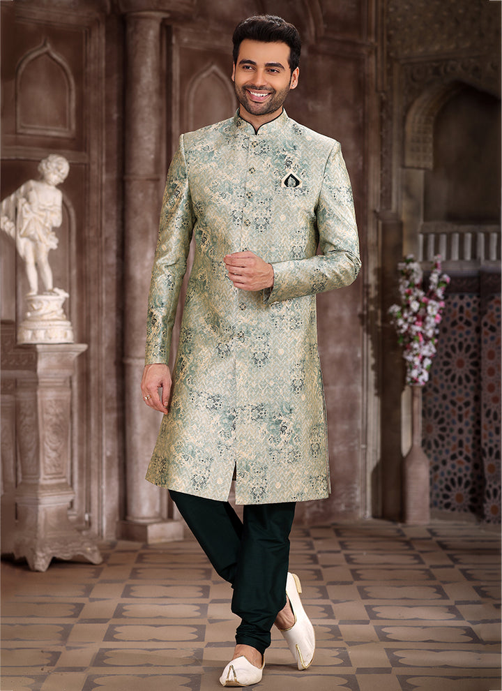 Traditional Light Green Sherwani | Art Silk Printed Attire for Special Events