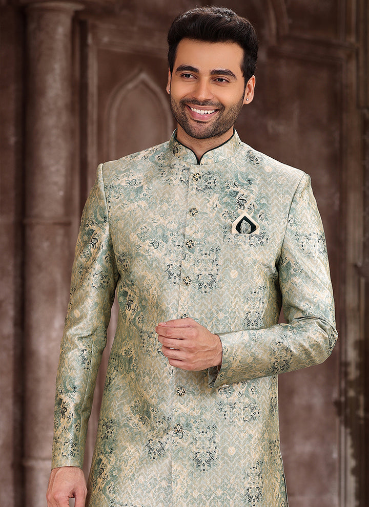 Traditional Light Green Sherwani | Art Silk Printed Attire for Special Events