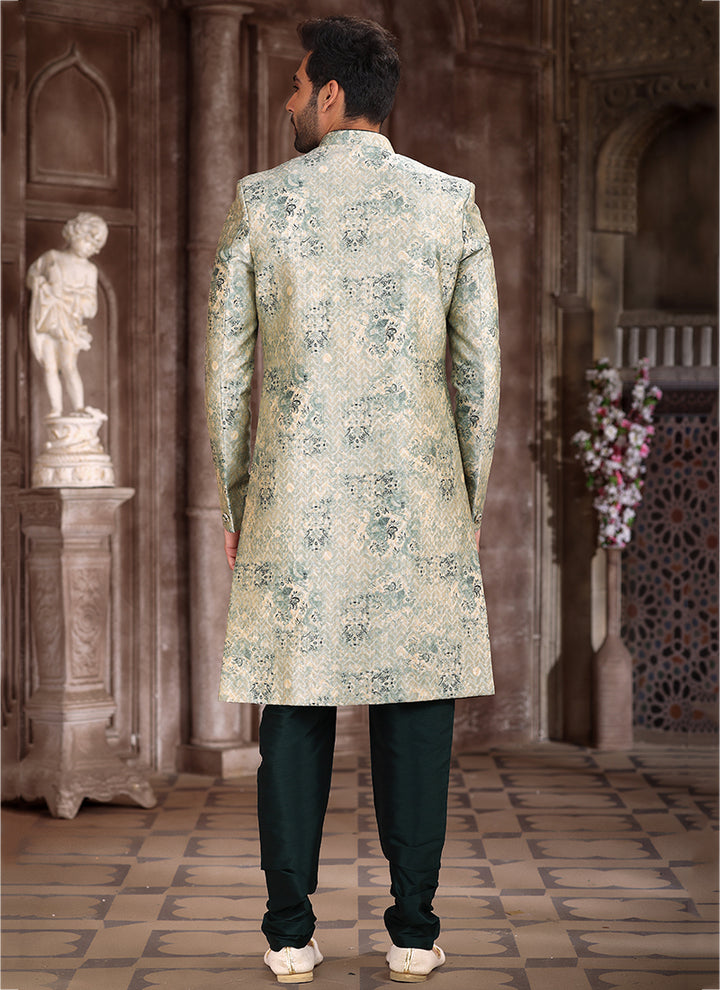Traditional Light Green Sherwani | Art Silk Printed Attire for Special Events