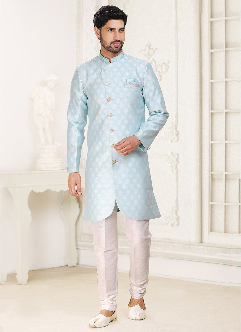 Traditional Light Sky-Blue Jacquard Indo western Outfit | Luxurious Look for Weddings