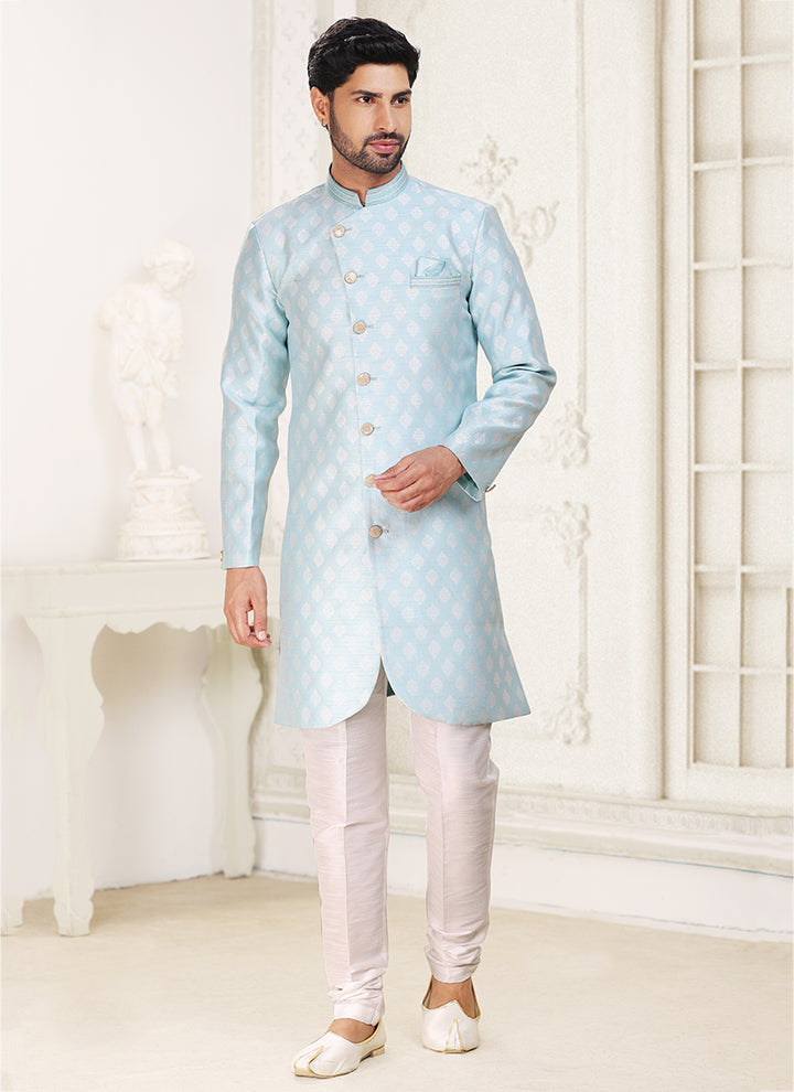 Traditional Light Sky-Blue Jacquard Indo western Outfit | Luxurious Look for Weddings