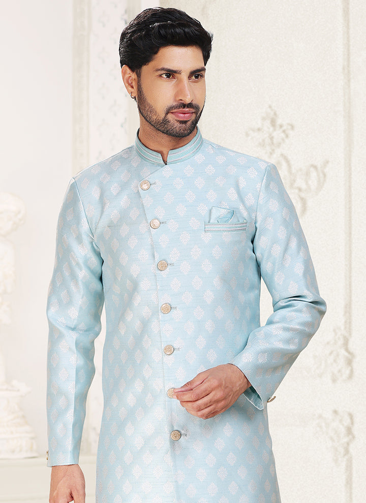 Traditional Light Sky-Blue Jacquard Indo western Outfit | Luxurious Look for Weddings