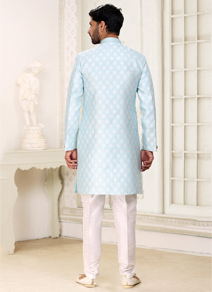 Traditional Light Sky-Blue Jacquard Indo western Outfit | Luxurious Look for Weddings