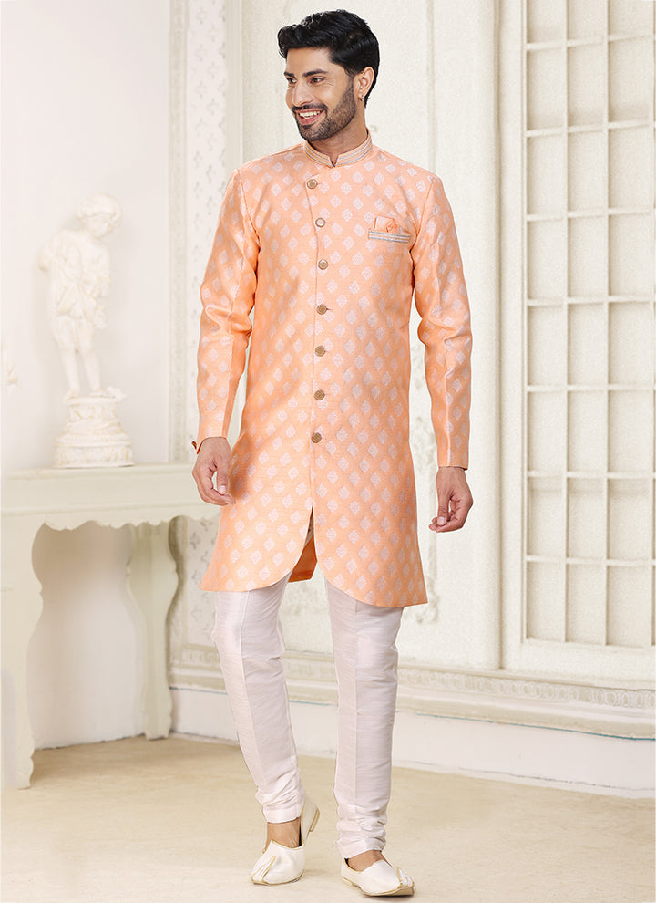 Traditional Peach Indo western Outfit | Luxurious Look for Weddings & Festive Events