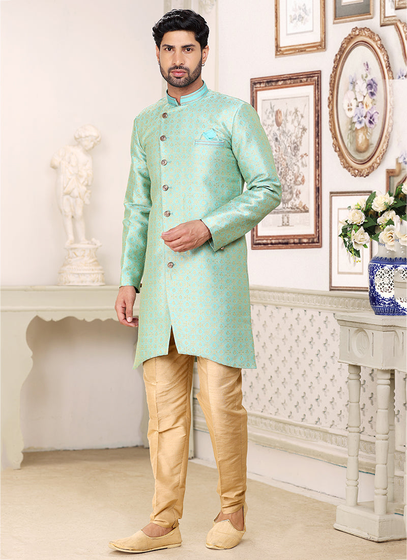 Elegant Sea Green Banarasi Silk Indo western Suit | Stylish Attire for Wedding