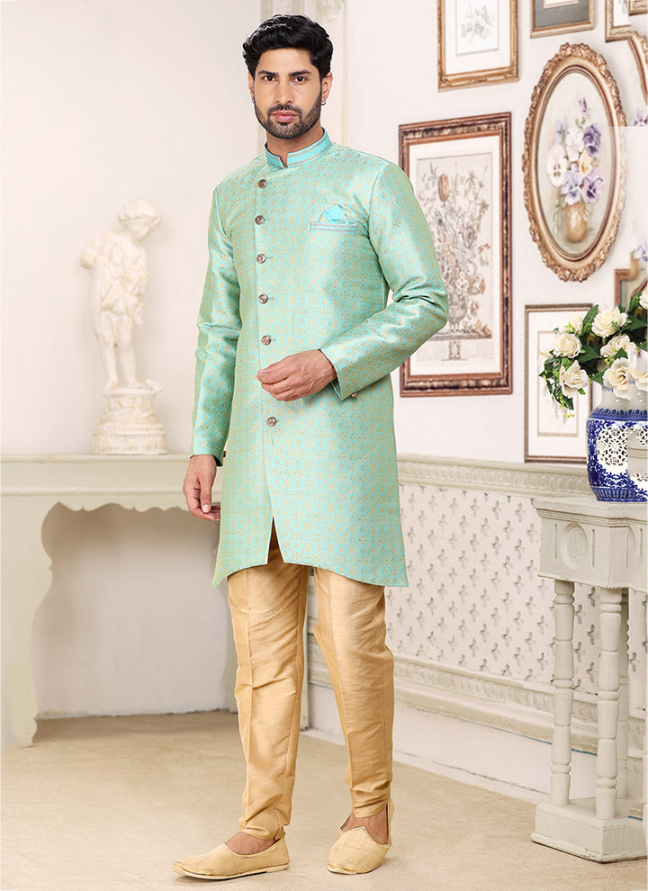 Elegant Sea Green Banarasi Silk Indo western Suit | Stylish Attire for Wedding